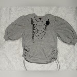 Gray Balloon Elbow Sleeve Tunic Top with Black Beaded Design